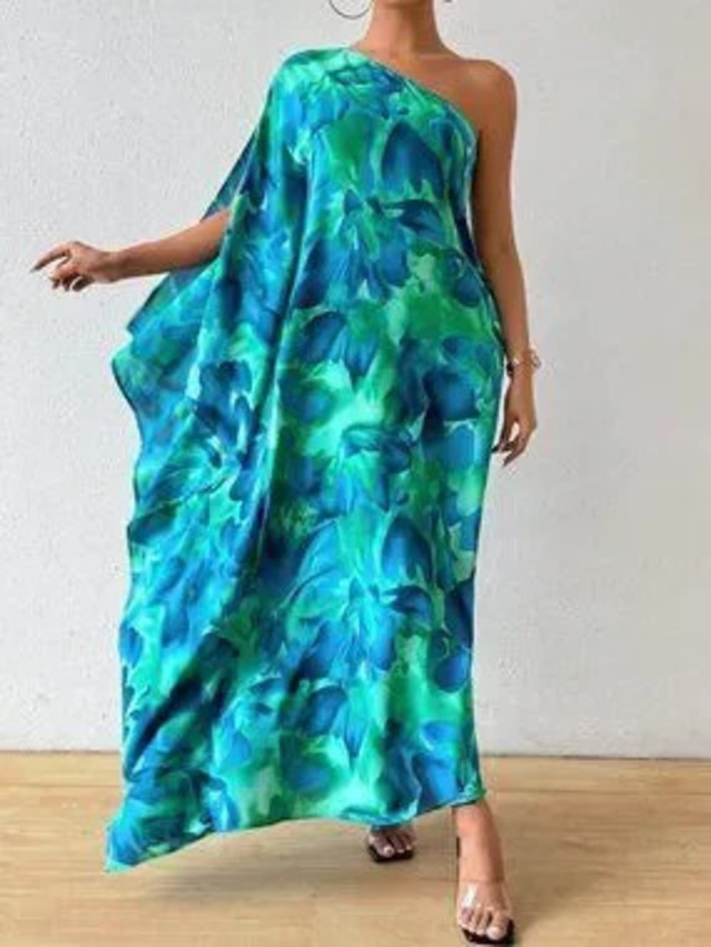 Multicolor Boho Women's Floral Print Asymmetrical Cape Sleeve Long Dress Maxi